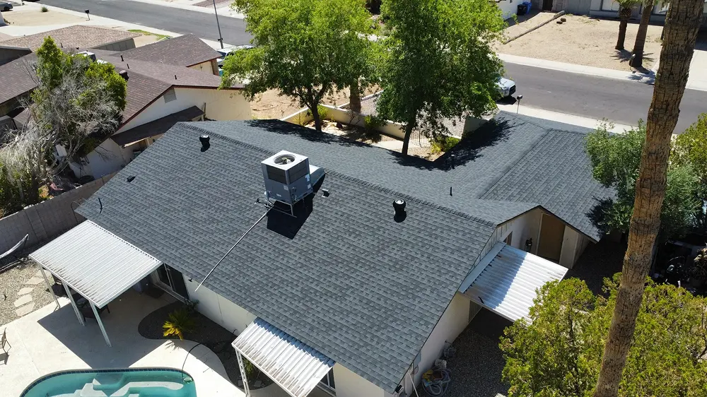 drove view of a residential roof completed